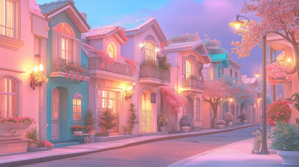 A residential building in soft pastel tones, adorned with vibrant flowers, radiating a sense of happiness and comfort—stylish living in colorful concrete.