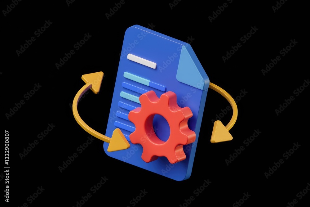 Poster 3d render of document processing, gear symbolising automated workflow, cyclical process shown by arr