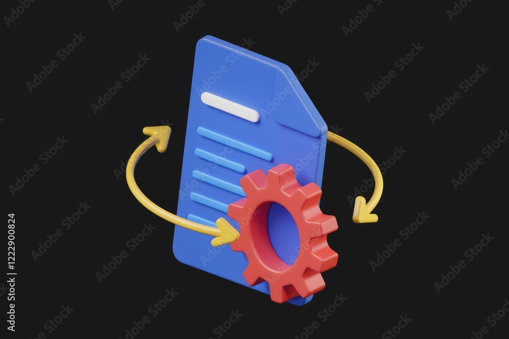 Poster document processing automation with gear and arrows symbolizes workflow optimization and efficiency.