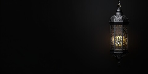 Fototapeta premium Traditional Islamic lantern, symbol of Ramadan on the right on a black background. Promotional banner for the holy holiday of Ramadan