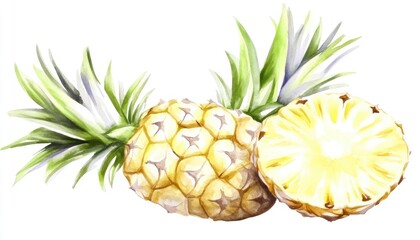 Freshly cut pineapple showcasing its vibrant yellow flesh and green spiky leaves on a white background