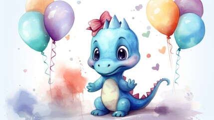 cute dino with birthday balloons watercolor design