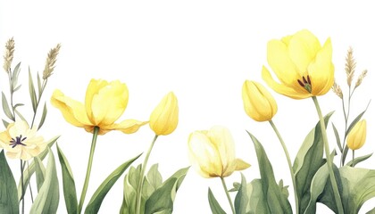 A vibrant arrangement of yellow tulips and wildflowers in a serene, minimalist setting
