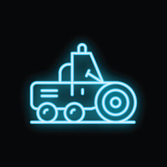 Blue neon sign showing a big machine working on a field