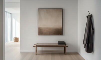 Minimalist foyer with bench, coat rack, modern art piece