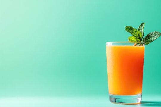 Refreshing orange drink served in glass, garnished with mint lea