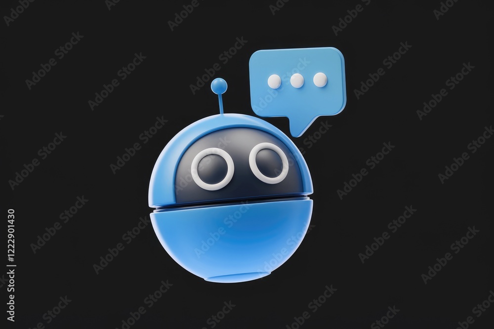 Poster a cute blue robot with a speech bubble, representing ai communication and customer support.