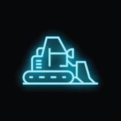 Bright blue neon icon of a bulldozer moving earth at a construction site