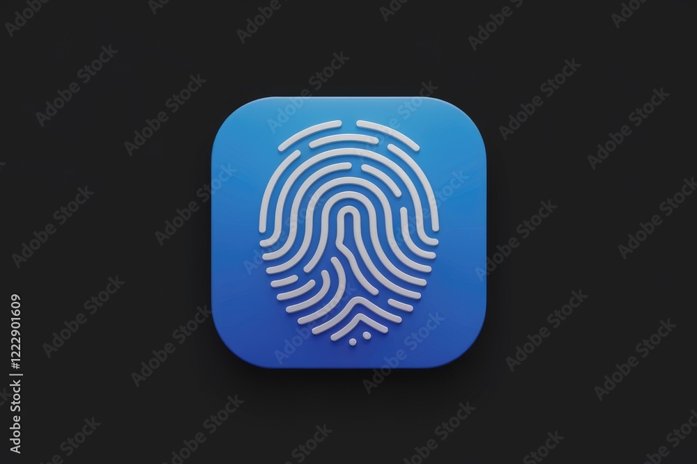 Poster a 3d rendered blue app icon featuring a white fingerprint symbol, representing security and biometri