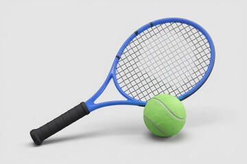 A blue tennis racket rests beside a lime green tennis ball on a white background.