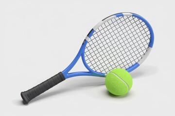 A blue and white tennis racquet rests beside a vibrant green tennis ball on a white background.