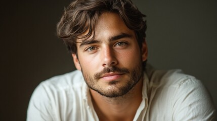Obraz premium The portrait of a man with green eyes and dark brown hair, captured in natural light, wearing a white shirt against a neutral background.