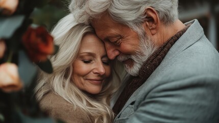 A heartwarming image capturing the intimate moment between an older couple, showcasing their love, connection, and genuine happiness in a natural outdoor setting.