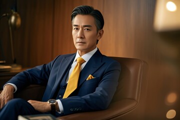 arafed man in a suit and tie sitting in a chair