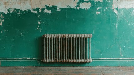 A vintage radiator installed on a wall with peeling paint, evoking feelings of nostalgia and the passage of time in a rustic environment.