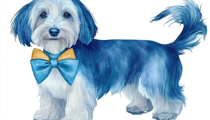 Whimsical blue and white dog with a bow tie standing against a plain background, showcasing playful charm