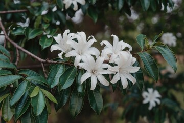 Cluster of delicate white flowers blossom on a branch with lush green leaves.