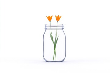 Bright orange flowers in a clear jar on a white background, symbolizing simplicity and beauty