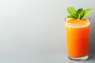 Bright orange drink garnished with fresh mint leaves, offering r