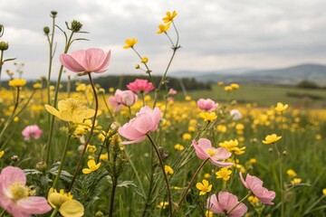 Obraz premium wallpaper made of pink and yellow spring flowers in a field. Generative AI
