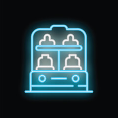 Bright neon icon of a double door fridge full of food on a black background
