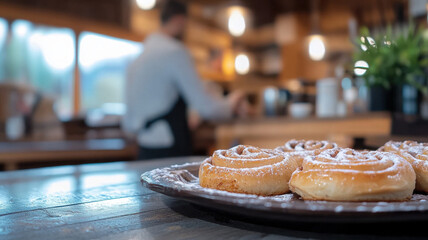 Freshly baked cinnamon rolls on wooden plate, glowing softly in cozy cafe