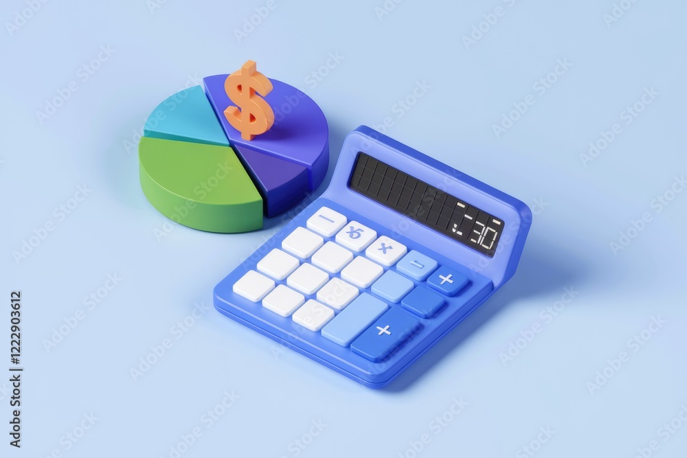 Poster a 3d rendering of a pie chart with a dollar sign and a calculator, symbolizing finance and calculati