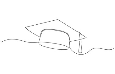 Graduation hat one line illustration. Hand drawn sketch of student cap on white background, Continuous cap one line art drawing of graduation hat concept outline vector.