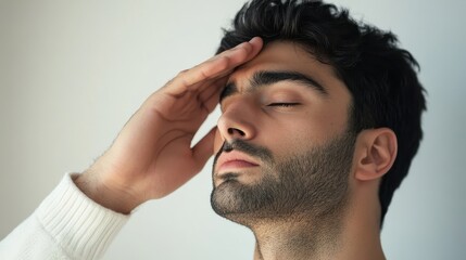 Fototapeta premium Young man experiencing stress or anxiety in soft lighting