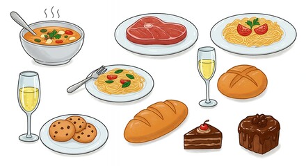 Delicious Food Platter Illustration with Pasta Steak and Bread