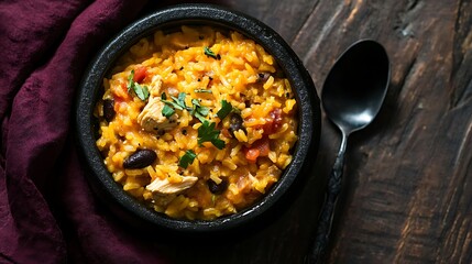 Puerto Rican chicken rice soup is presented in a black stoneware bowl on a dark wooden table, accompanied by a black metal spoon and a maroon cloth napkin.