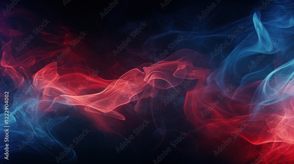 Poster beautiful swirling red and blue smoke wisp patterns on a dark black background creating a mesmerizin