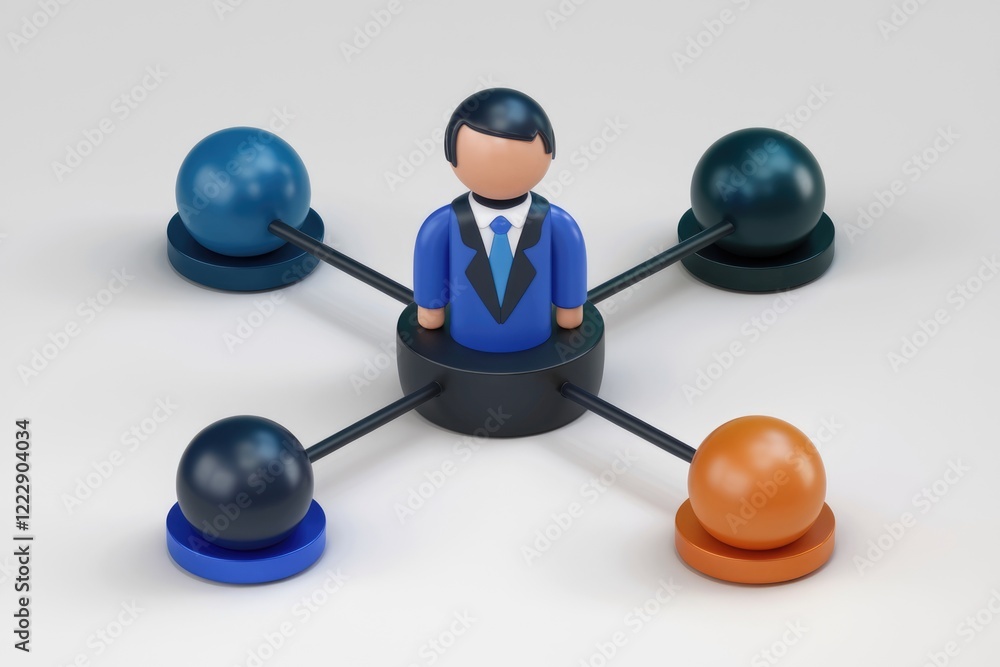 Poster 3d rendering of a businessman connected to four different colored spheres, symbolizing networking an