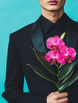 A man in a black suit holds a single stem of vibrant pink orchids against a bold teal background.