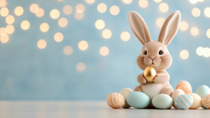 Obraz premium Easter bunny holding golden egg with colorful eggs. Easter celebration concept. 