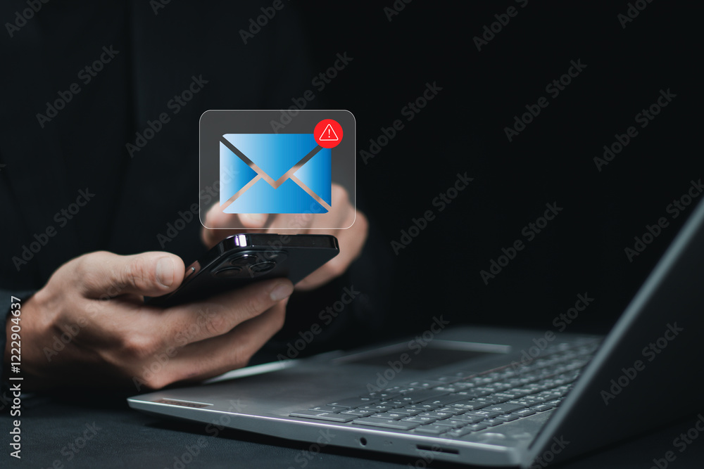 Poster email hacked warning alert notification, junk mail, scam malware spreading virus on message alert vi