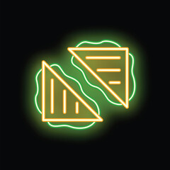 Glowing green and yellow neon sign depicting two sandwiches, with a black background