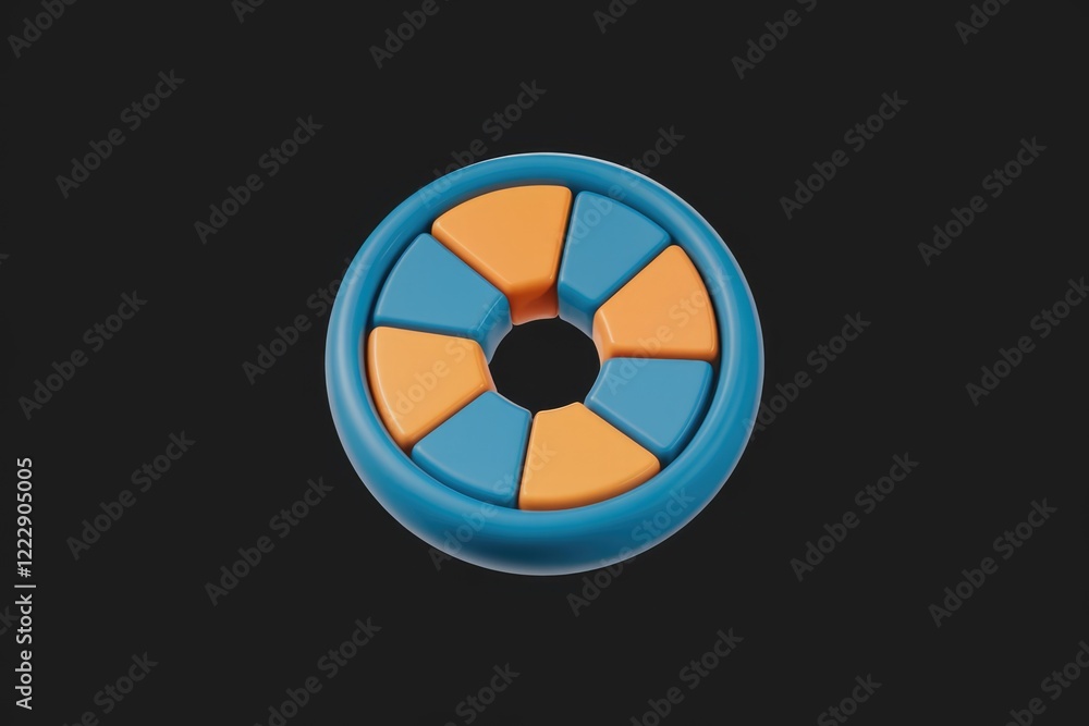Poster abstract 3d render of a circular shape with alternating blue and orange segments.