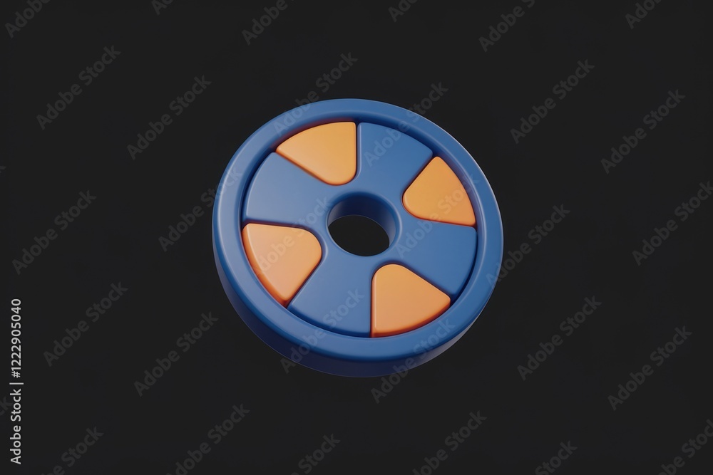 Poster a 3d render of a circular object with blue and orange segments, possibly representing a logo or desi