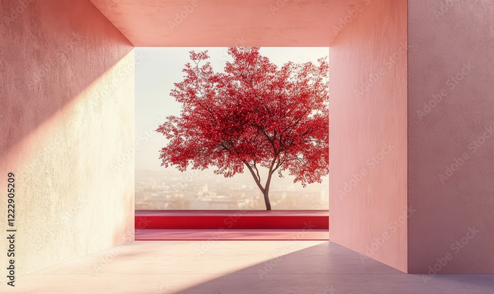 Poster minimalist pink architecture with a view of a red tree