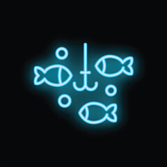 Neon blue fishing hook is surrounded by fish swimming in dark water
