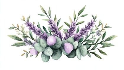 A vibrant watercolor illustration of lavender and greenery arranged beautifully, ideal for decor