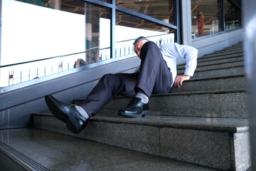 A man falls down the stairs and is injured.