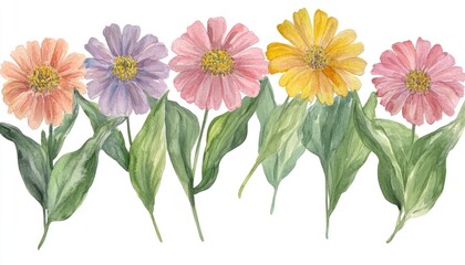 A vibrant arrangement of watercolor flowers showcasing various colors and lush green leaves