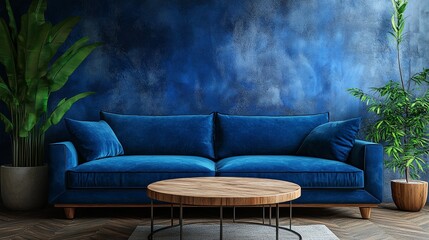A modern living room with a blue couch and plants.