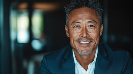A charming businessman flashes a warm smile, embodying a friendly and approachable demeanor. His outfit and expression project confidence and openness.
