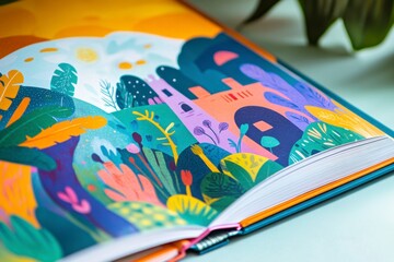 Colorful Illustrative Landscape in Open Book with Greenery