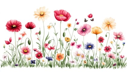 A vibrant array of wildflowers in various colors swaying gently in a sunny meadow, evoking a sense of tranquility
