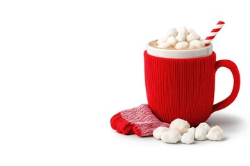 Cozy holiday drink in a red knitted mug topped with marshmallows, with a festive atmosphere