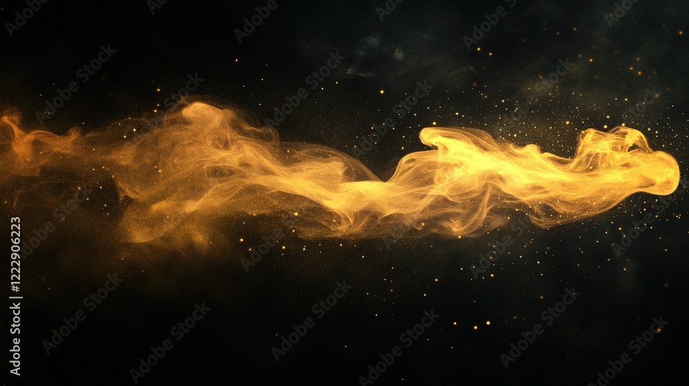 Poster yellow smoke wisp flowing elegantly on black background with subtle sparkles enhancing its ethereal 